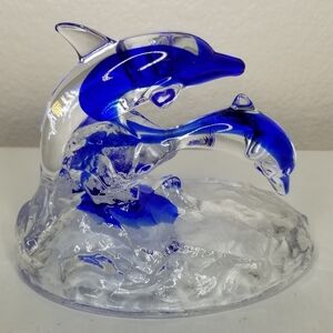 Cristal d'Arques Lead Crystal Clear Blue Mother and Baby Dolphins Jumping France